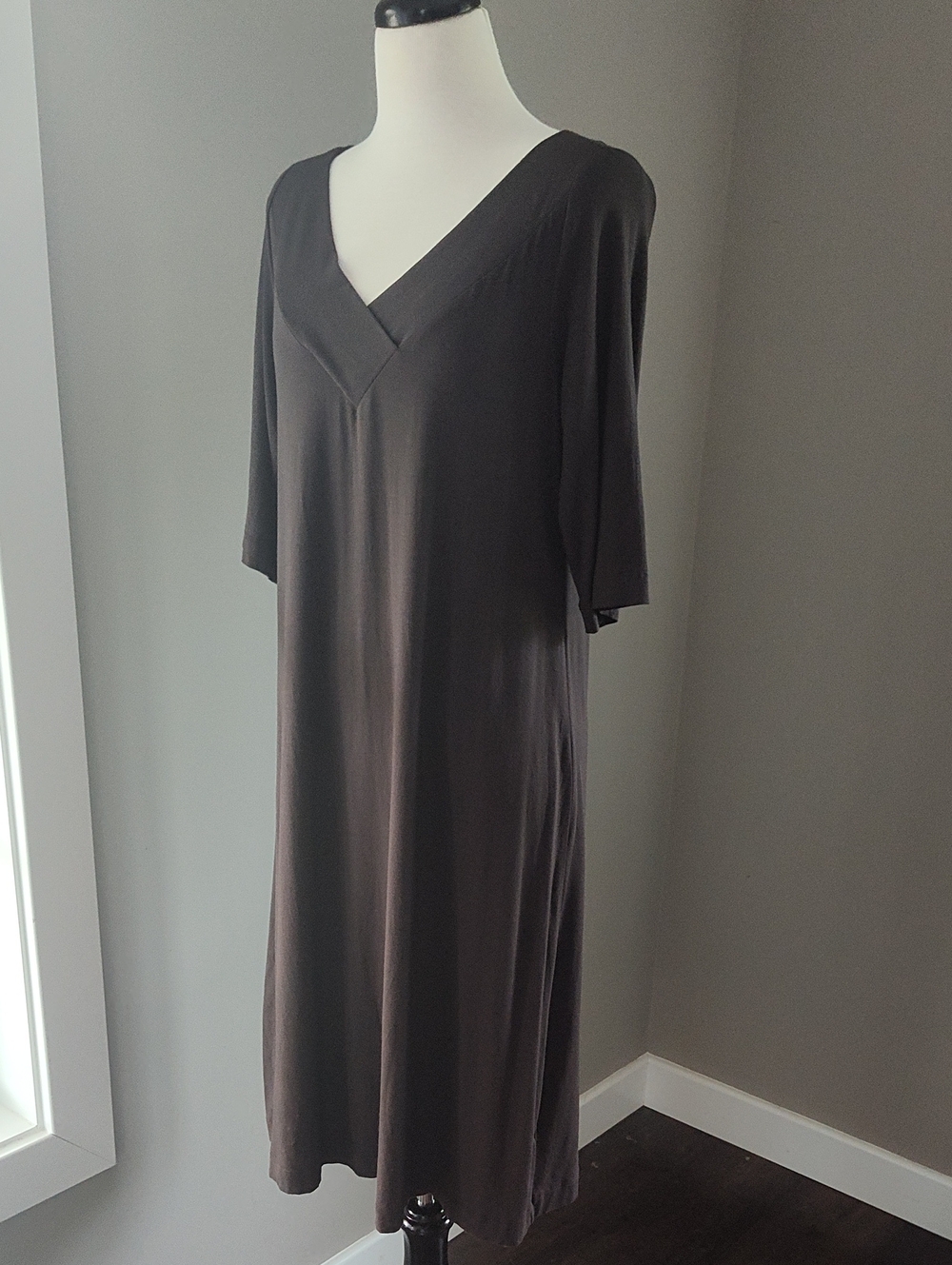 Eileen Fisher Dark Brown V-Neck Luxury Midi Dress